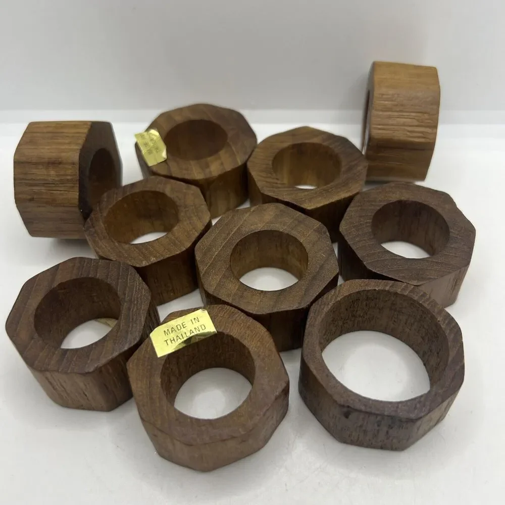 Hand Crafted Teak Wood Round Napkin Rings‎ Made in Thailand Set of 10